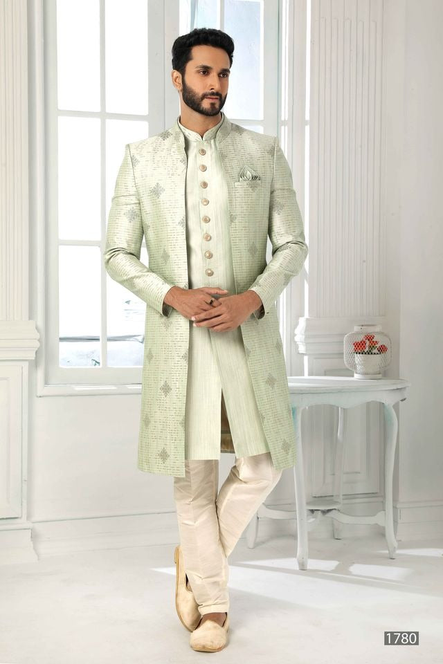 Raivat Ethnic Art Silk Embroidery Work 3 Pcs Indo Jacket Set In Pista Green Colour