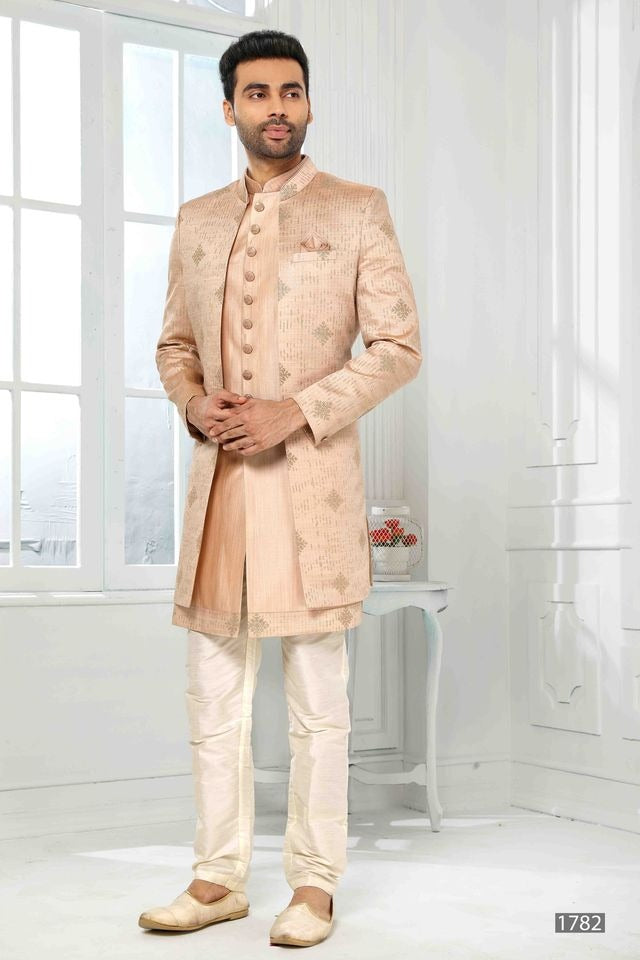 Raivat Ethnic Art Silk Embroidery Work 3 Pcs Indo Jacket Set In Onion Pink Colour
