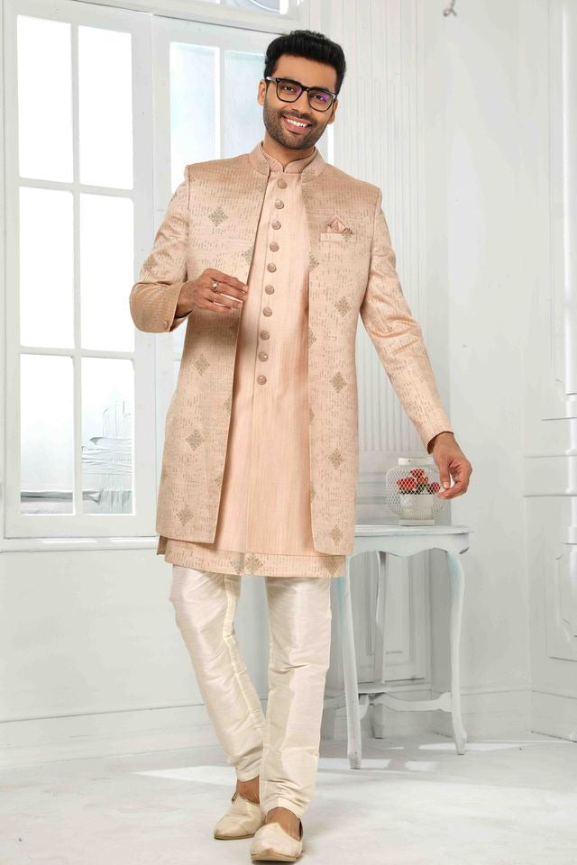 Raivat Ethnic Art Silk Embroidery Work 3 Pcs Indo Jacket Set In Onion Pink Colour