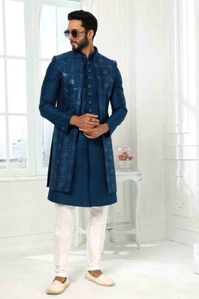 Raivat Ethnic Art Silk Embroidery Work 3 Pcs Indo Jacket Set In Teal Colour