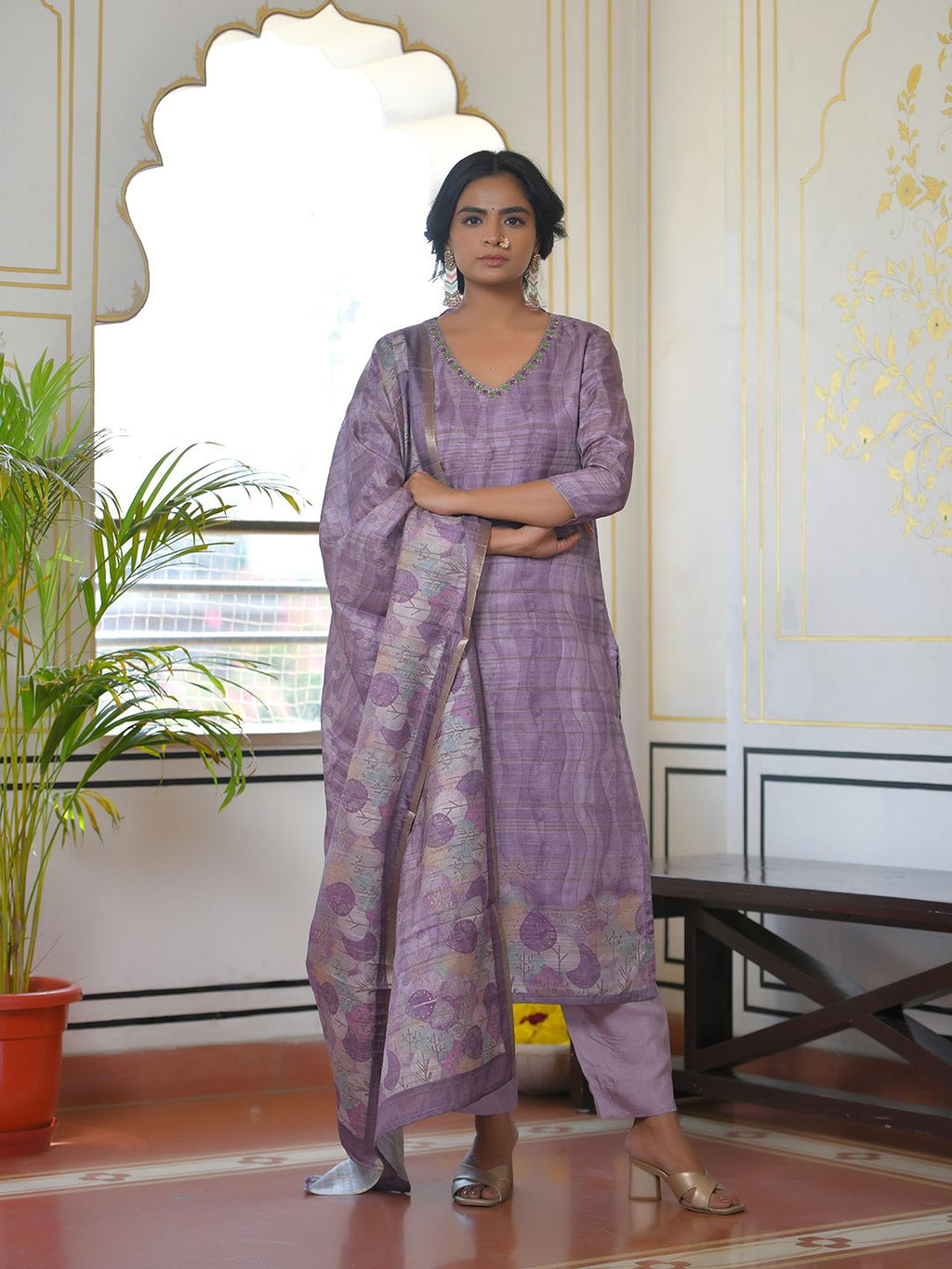 Vaasva Women's Purple Grey Silk Digital Printed Suit Set