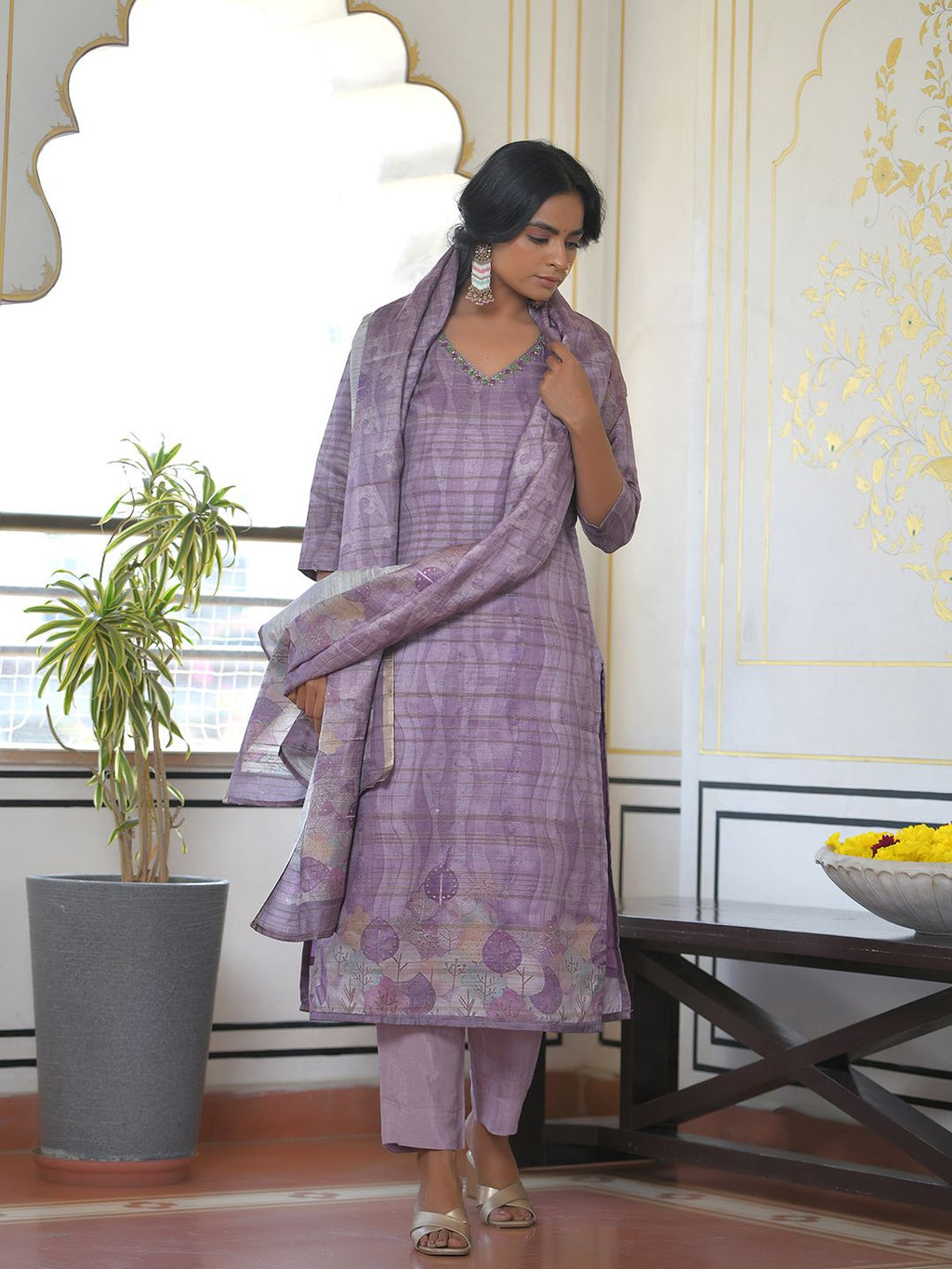Vaasva Women's Purple Grey Silk Digital Printed Suit Set