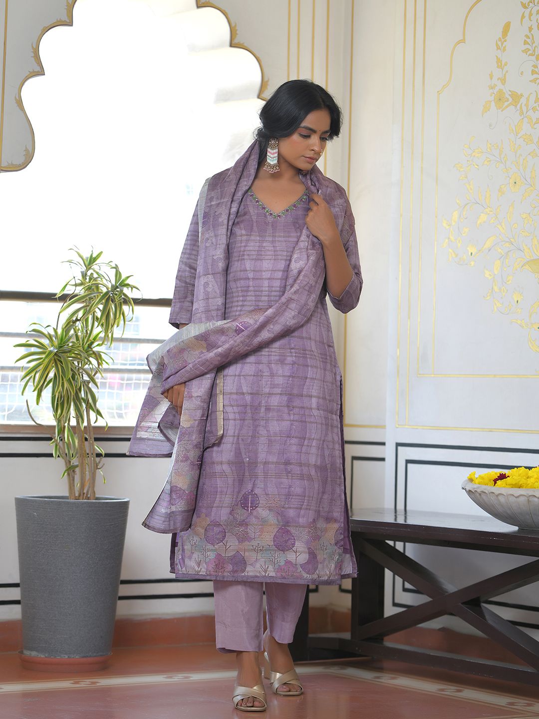 Vaasva Women's Purple Grey Silk Digital Printed Suit Set
