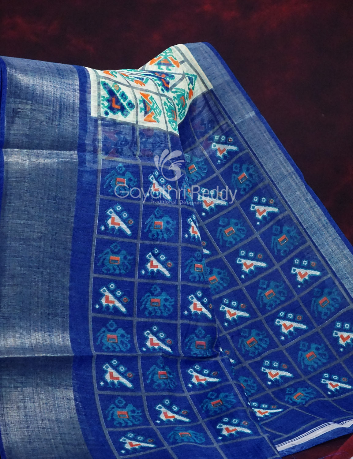 Shades of Cream Colour And Ink Blue Blouse Patola Design Semi Chanderi Saree By Gayathri Reddy Designer Studio