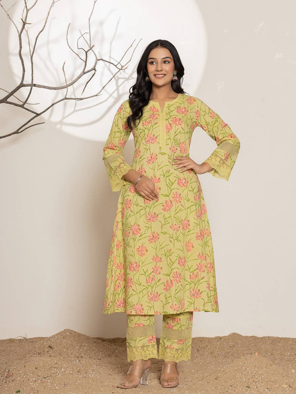 Yufta Green Cotton A-Line Kurta Set