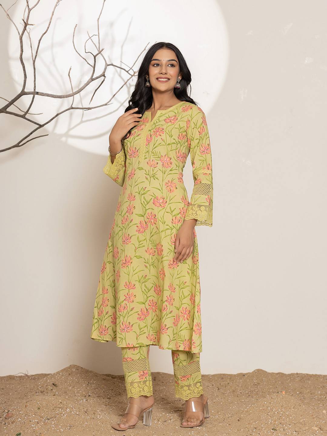 Yufta Green Cotton A-Line Kurta Set