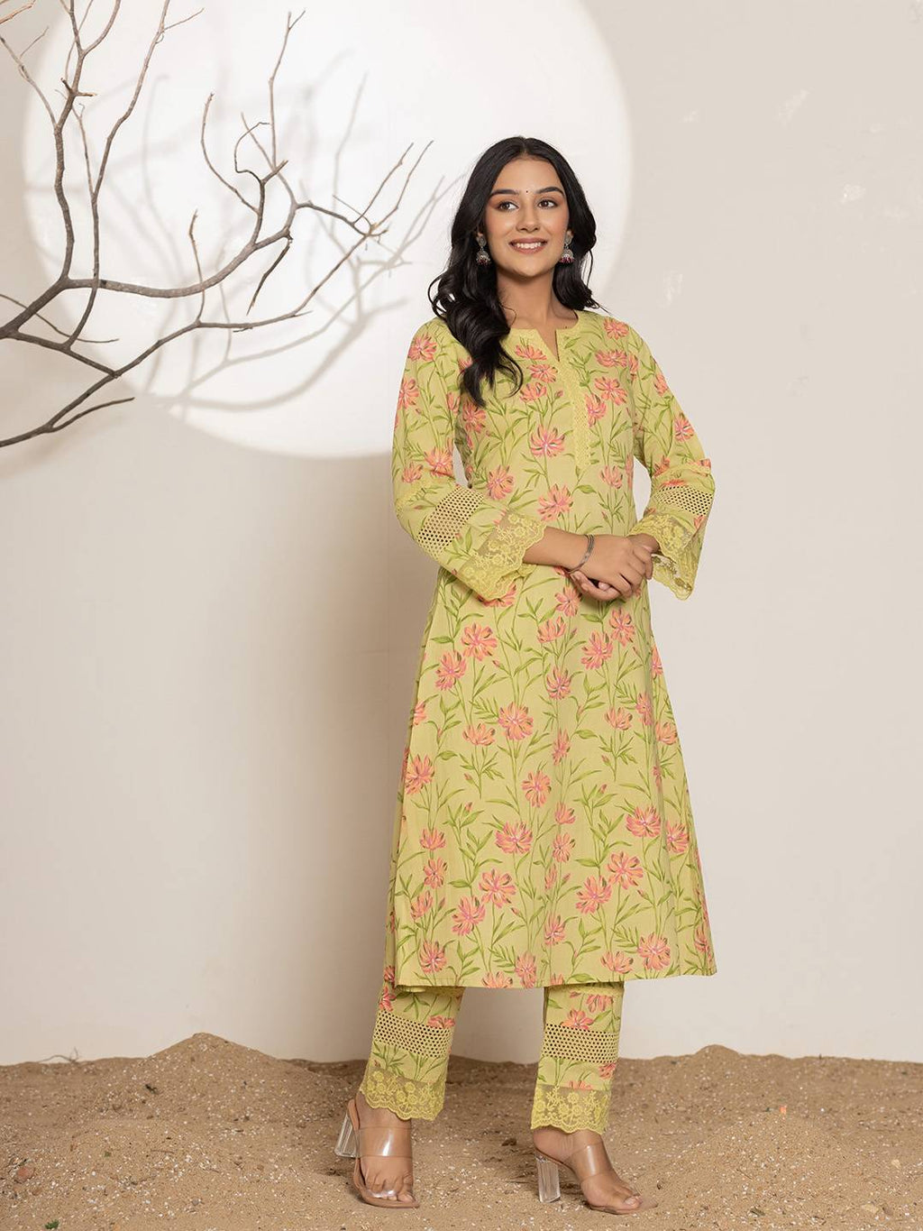 Yufta Green Cotton A-Line Kurta Set