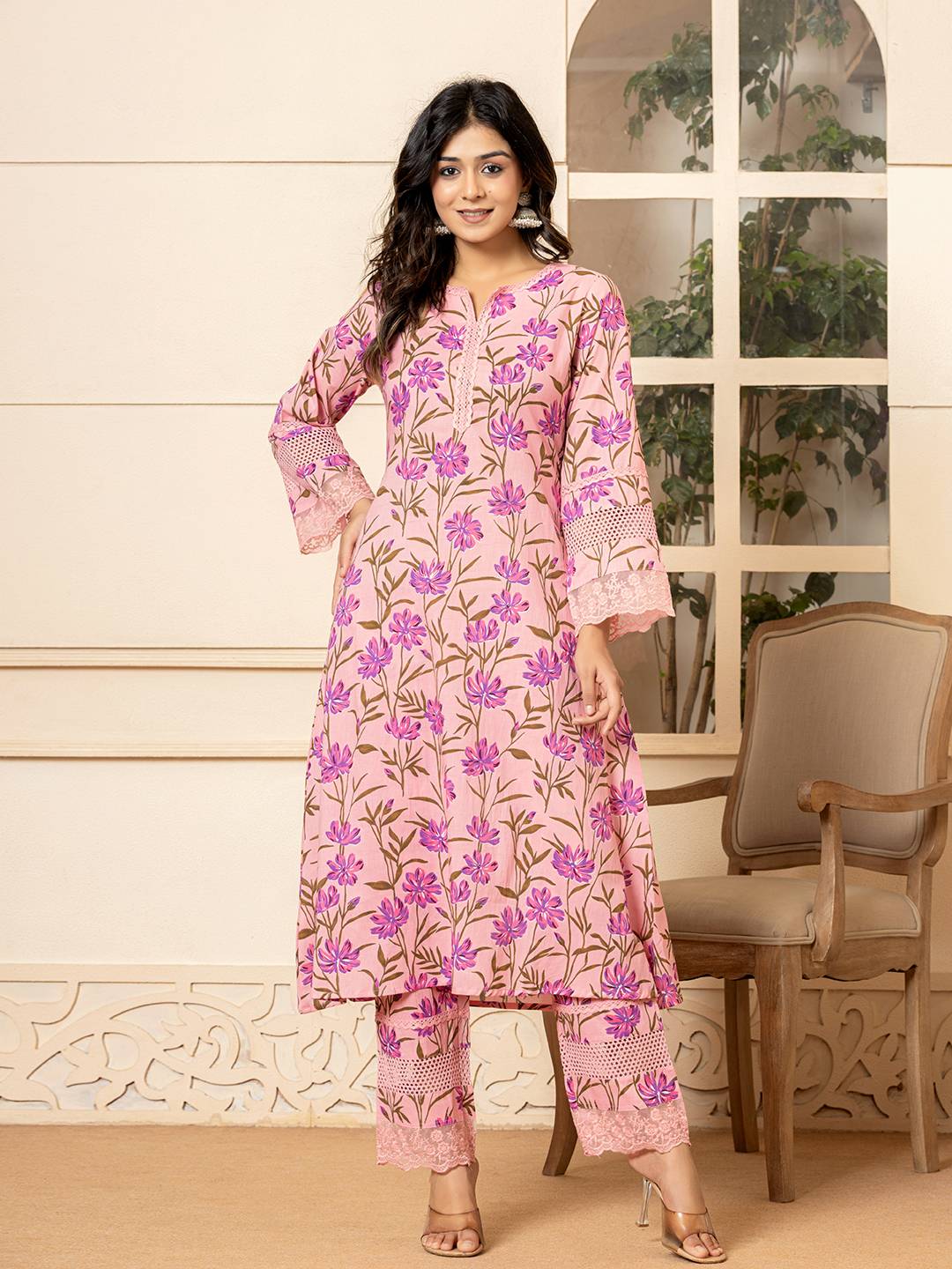 Yufta Pink Cotton Straight Pakistani Style Kurta Set