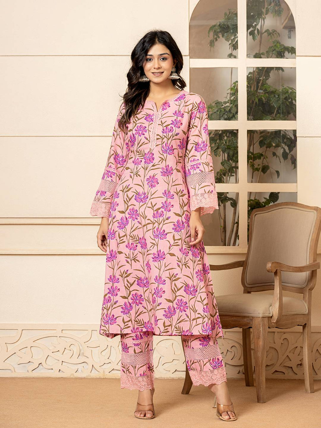 Yufta Pink Cotton Straight Pakistani Style Kurta Set