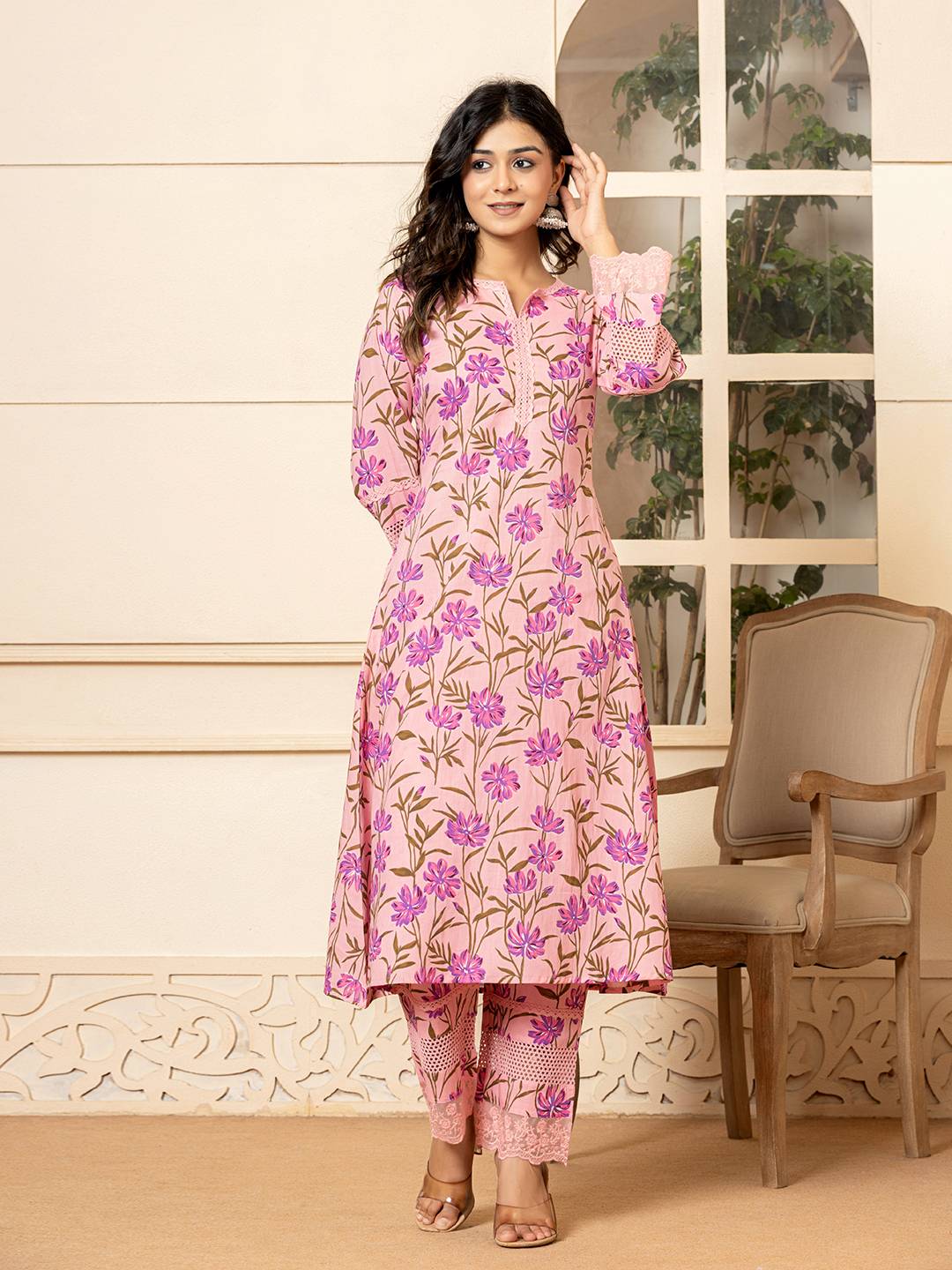 Yufta Pink Cotton Straight Pakistani Style Kurta Set