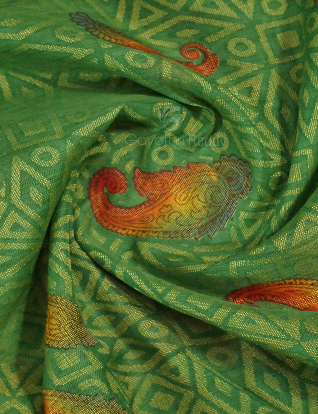 Parrot Green Colour With Orange Blouse Cotton Brasso Saree By Gayathri Reddy Designer Studio