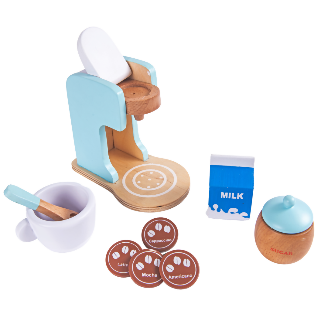 Nesta Toys Wooden Coffee Maker Toy (Blue), Kitchen Cooking Toy, Pretend Play (3+ Years) - 9 Pcs