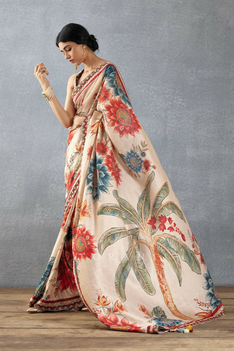 Partywear Designer Cream Bright Moss Fancy Saree - Durga