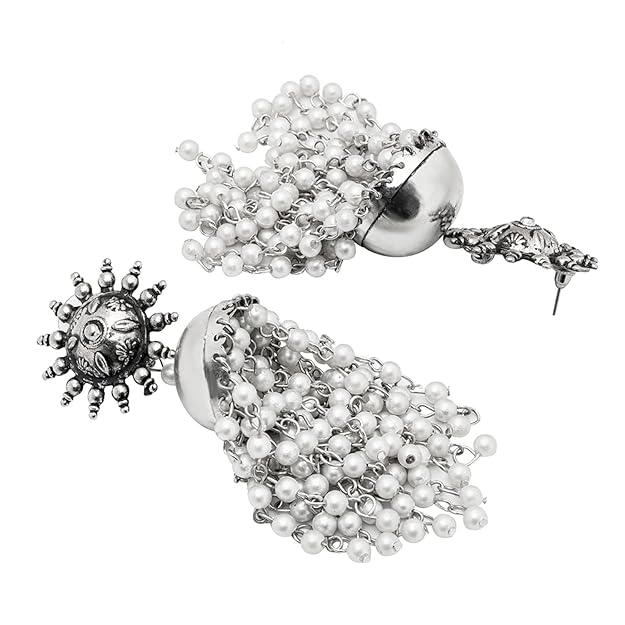 Tehzeeb Creations Women's Silver Colour Oxidised Earrings With White Pearl