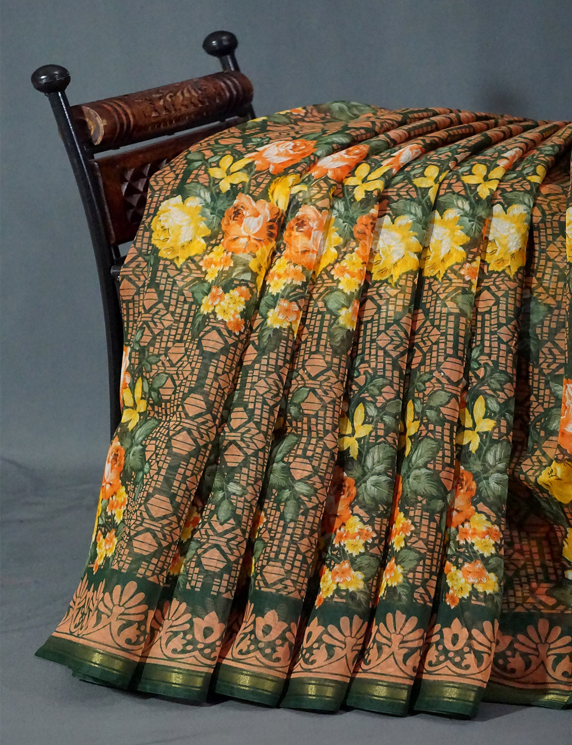 Shades of Green Colour Floral Design Semi Chanderi Saree By Gayathri Reddy Designer Studio