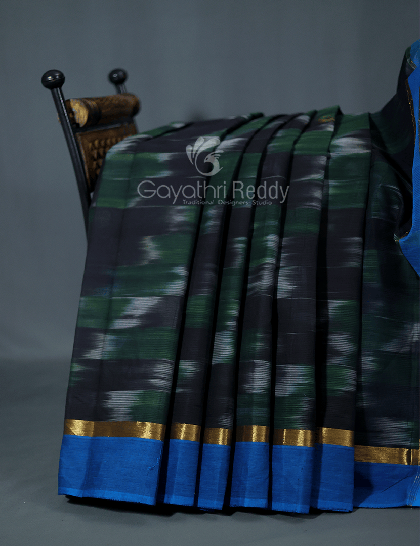 Dual Shades of Black And Bottle Green Mangalagiri Ikkat Cotton Saree By Gayathri Reddy Designer Studio