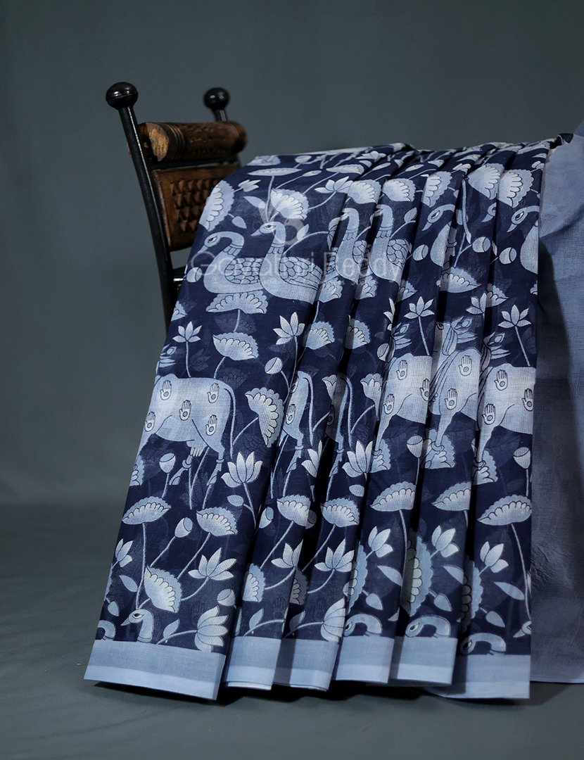 Shades of Dark Navy Blue And Grey With Pichwai Print Munga Cotton Saree By Gayathri Reddy Designer Studio
