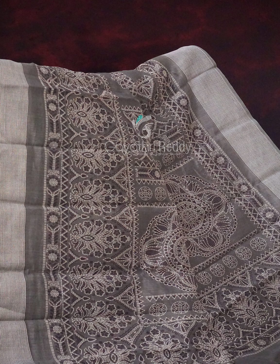 Grey Colored Block Printed Semi Chanderi Saree By Gayathri Reddy Designer Studio