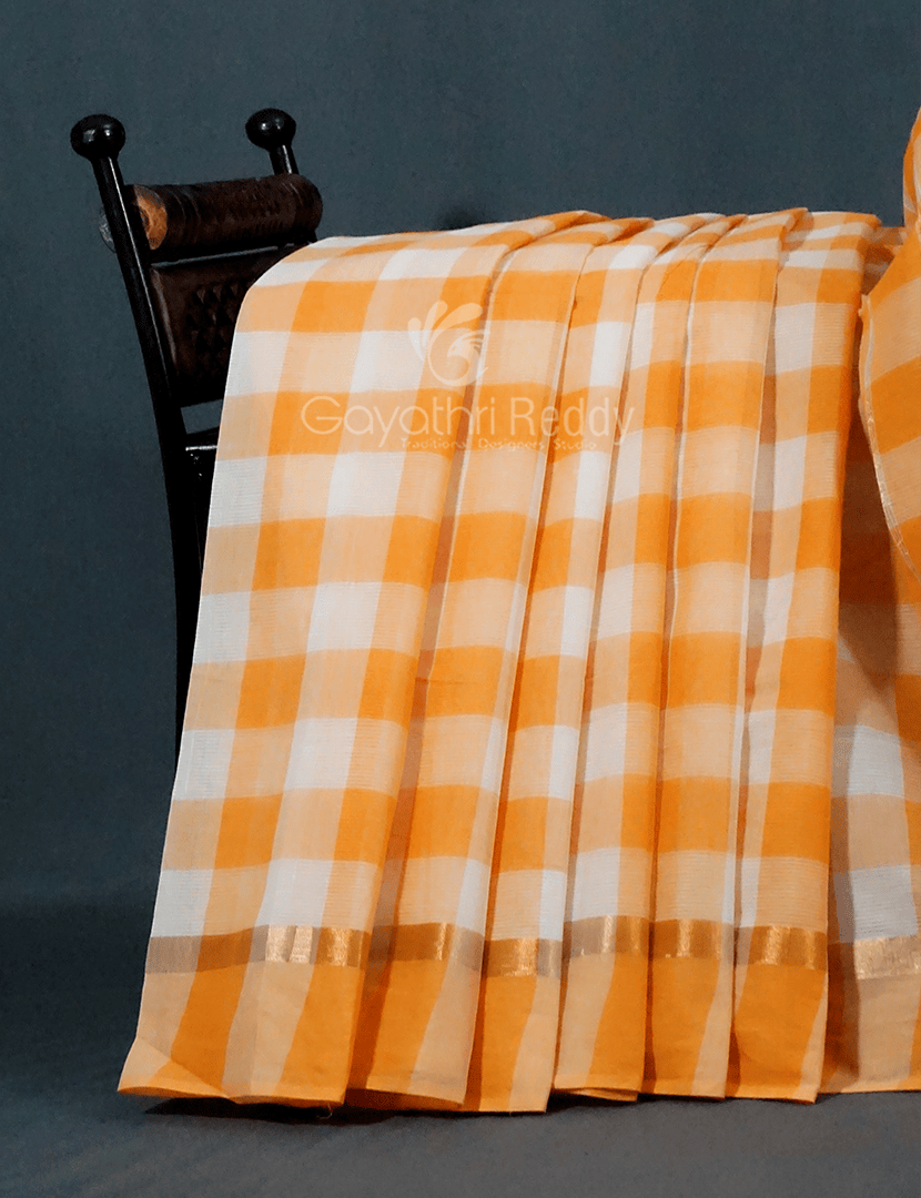 Cream And Orange Coloured With Checks Pure Mangalgiri Cotton Saree By Gayathri Reddy Designer Studio