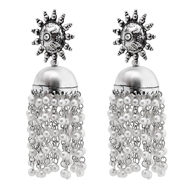 Tehzeeb Creations Women's Silver Colour Oxidised Earrings With White Pearl