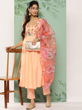 HERE&NOW Women Floral Yoke Design Pleated Thread Work Kurta with Trousers & Dupatta