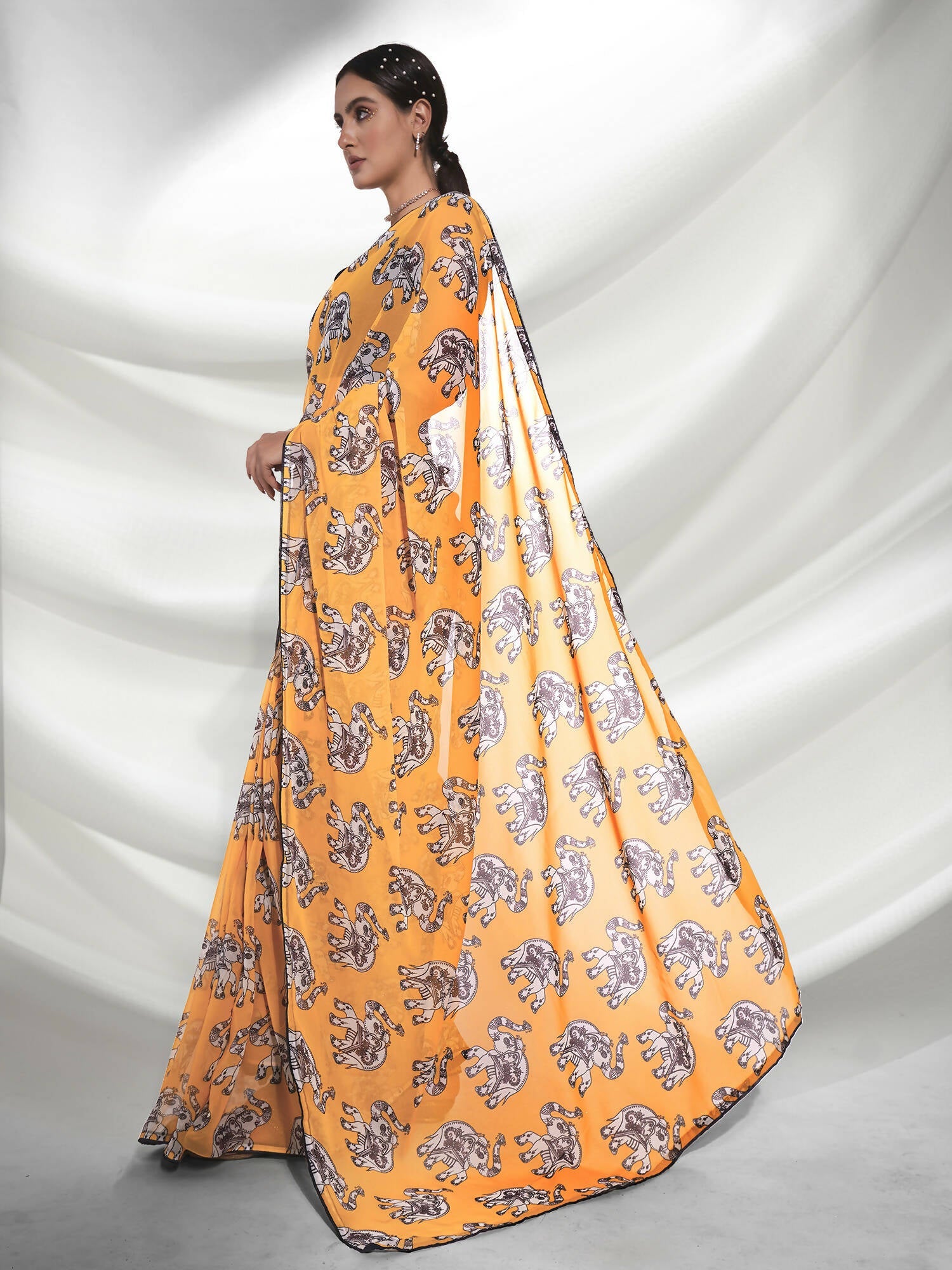Yellow Georgette Animal Printed Saree With Unstitched Blouse Piece - Rajal