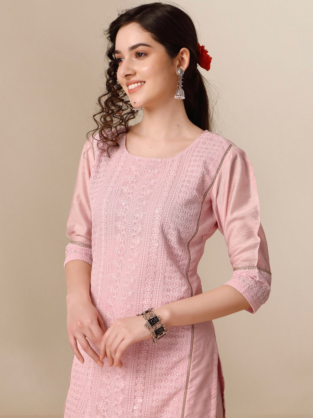 HERE&NOW Lucknowi Chikankari Schiffli Chanderi Silk Kurta Trousers with Organza Dupatta