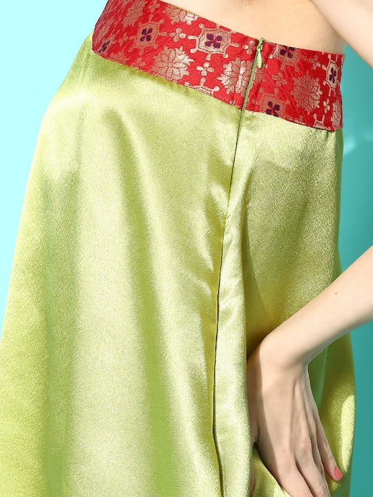 InWeave Women's Olive Red Brocade Satin Oneshoulder Kurta Set