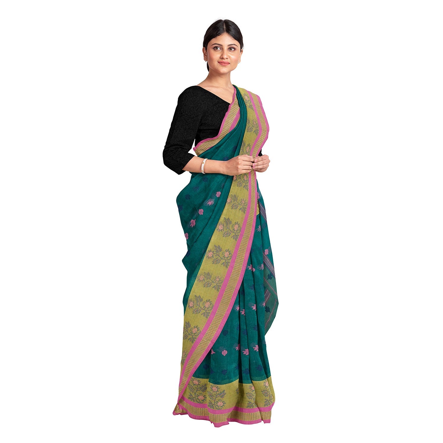 Exclusive Collection 100% Pure Cotton Green Tant Saree With Hand Weaving Work