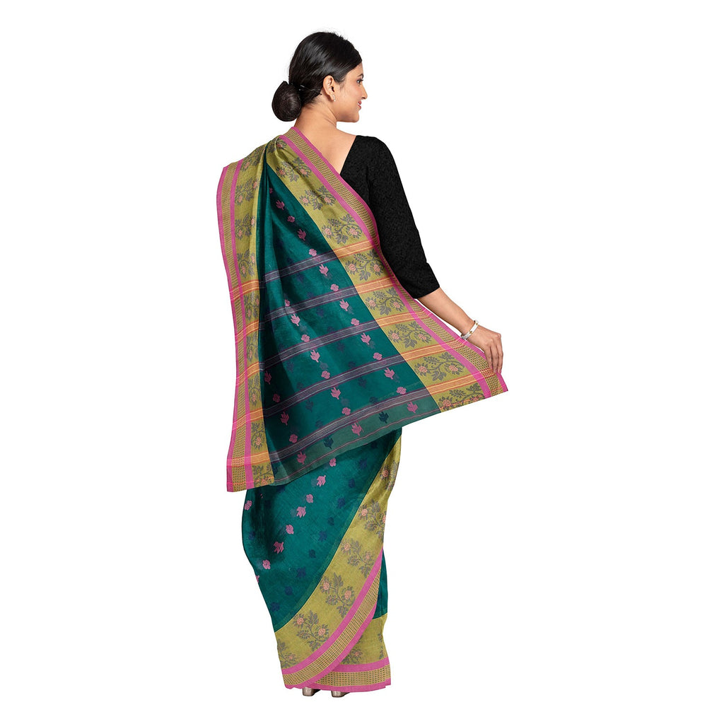 Exclusive Collection 100% Pure Cotton Green Tant Saree With Hand Weaving Work