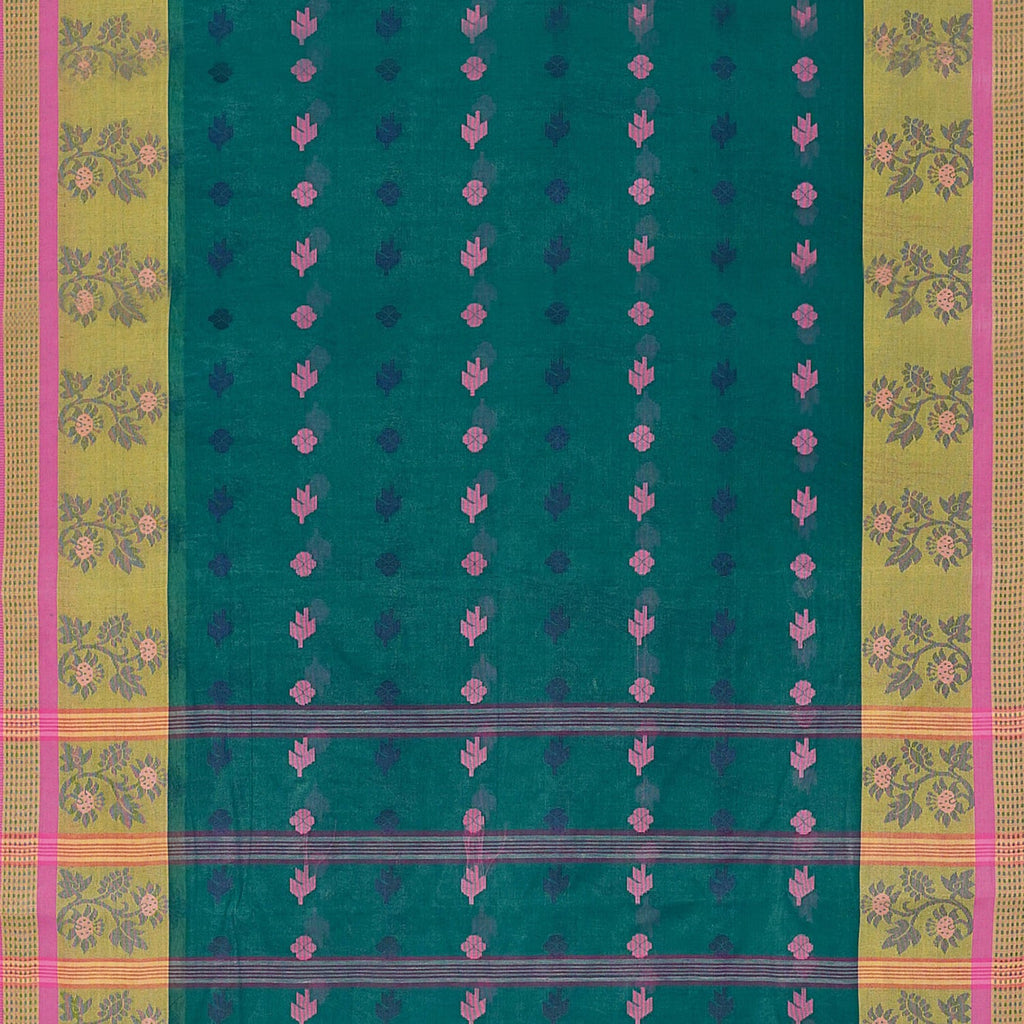 Exclusive Collection 100% Pure Cotton Green Tant Saree With Hand Weaving Work