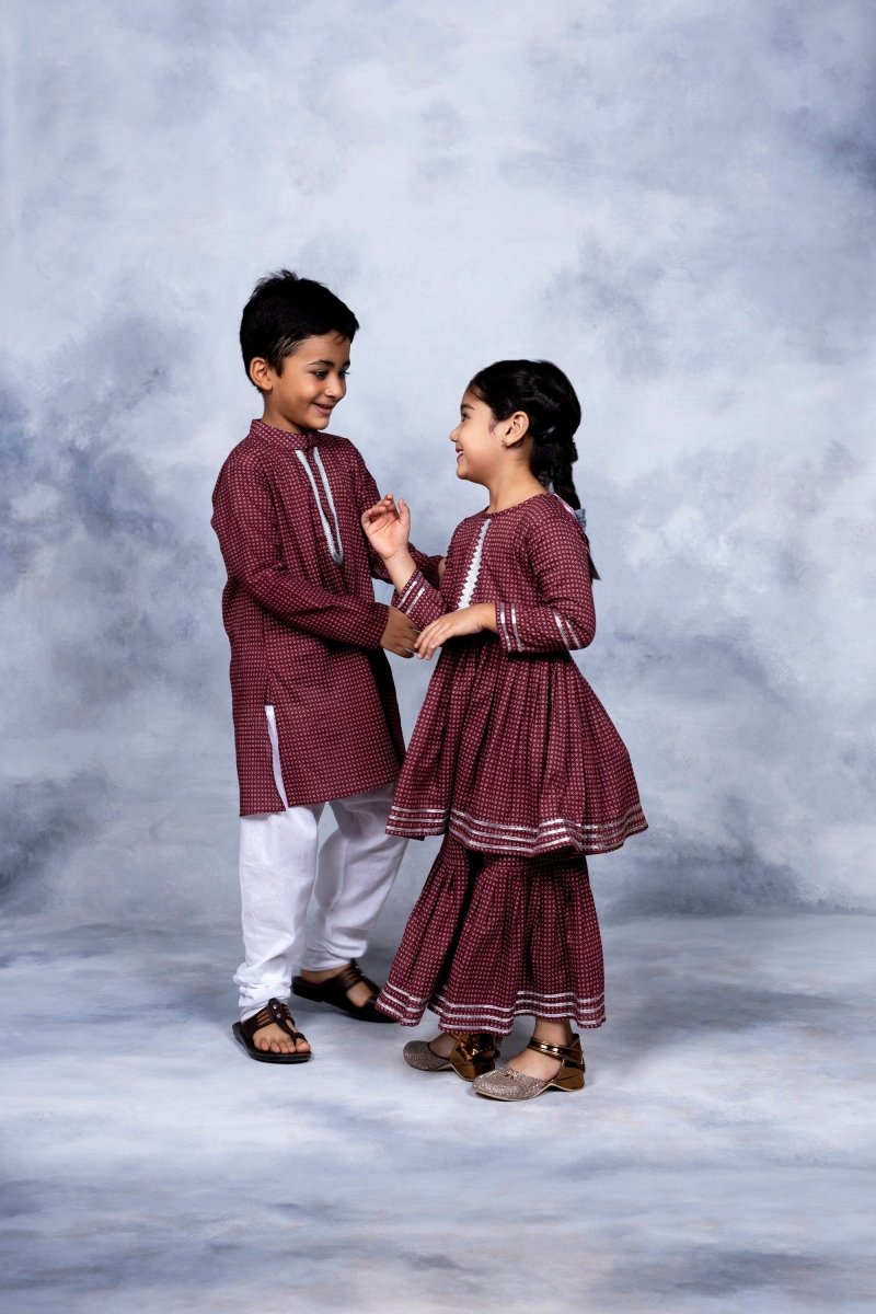 Ahalyaa Boys Maroon Pure Cotton Digital Print Kids Kurta Churidar Set