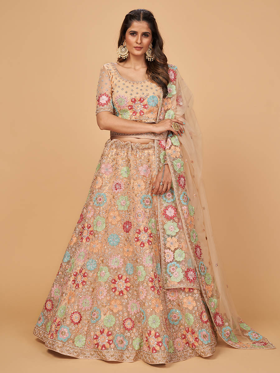 Myra Peach Soft Net Heavy Embroidered Designer Lehenga