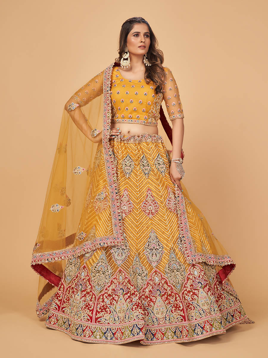 Myra Mustard Soft Net Heavy Embroidered Designer Lehenga