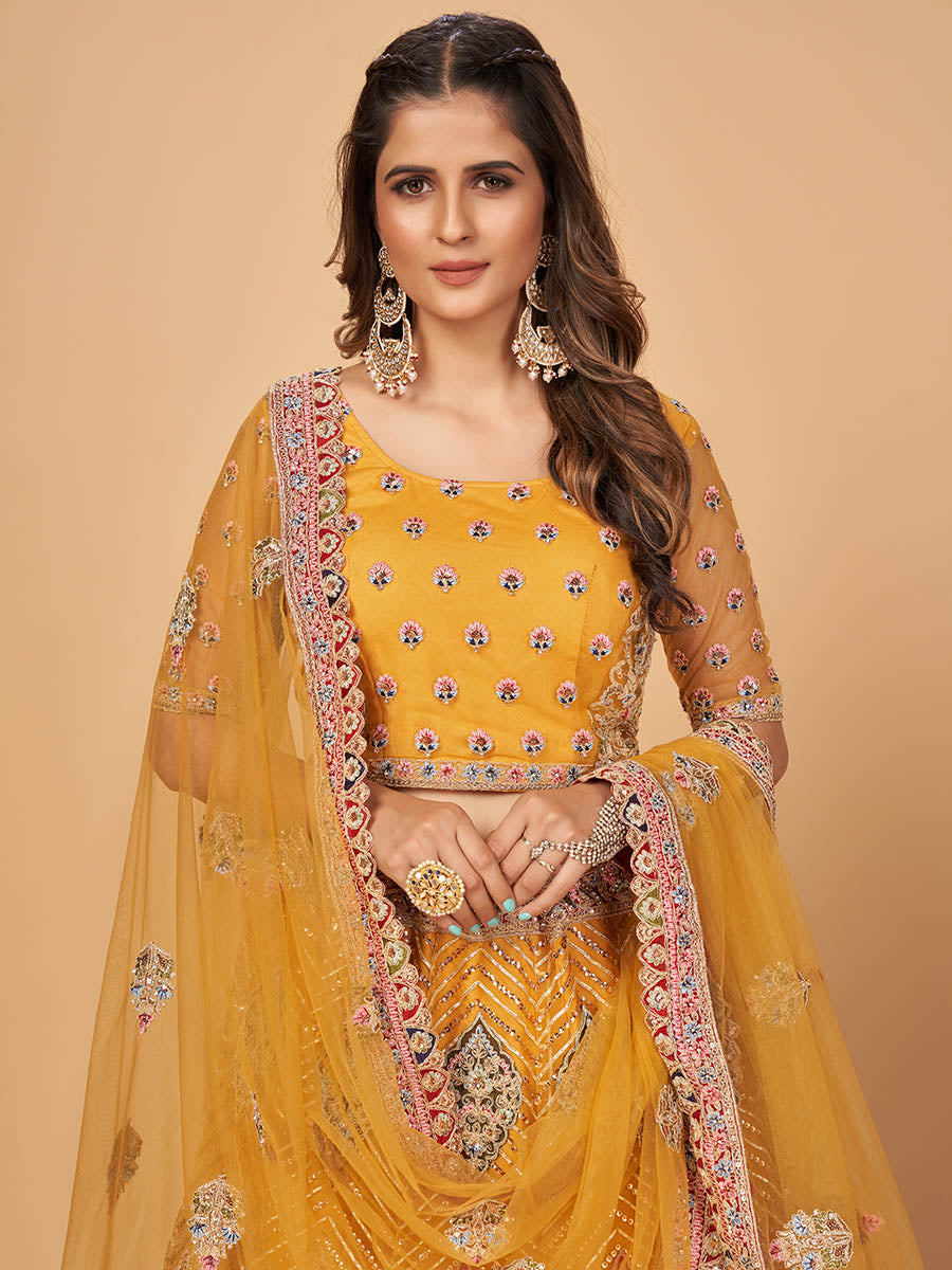 Myra Mustard Soft Net Heavy Embroidered Designer Lehenga