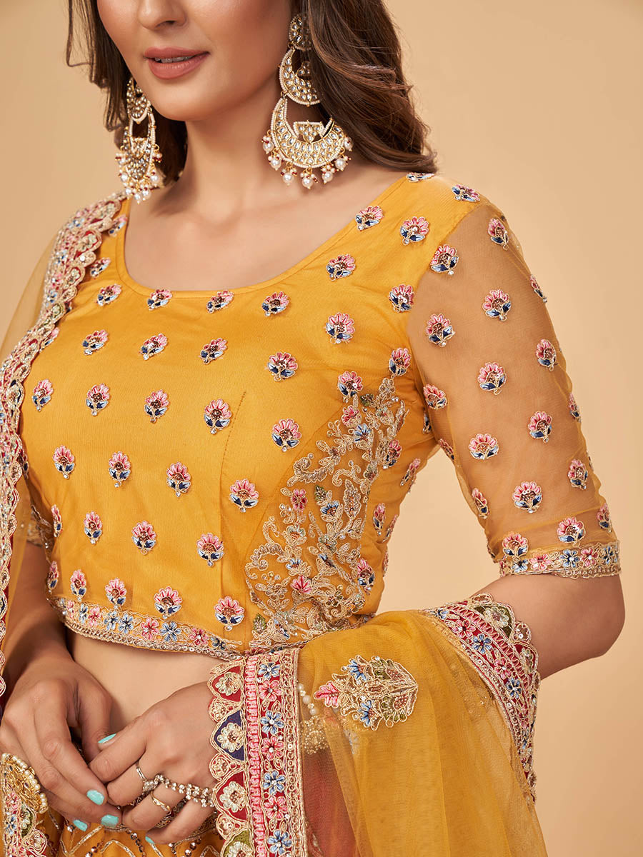 Myra Mustard Soft Net Heavy Embroidered Designer Lehenga