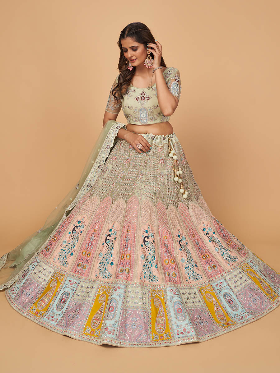 Myra Pista Green Soft Net Heavy Embroidered Designer Lehenga