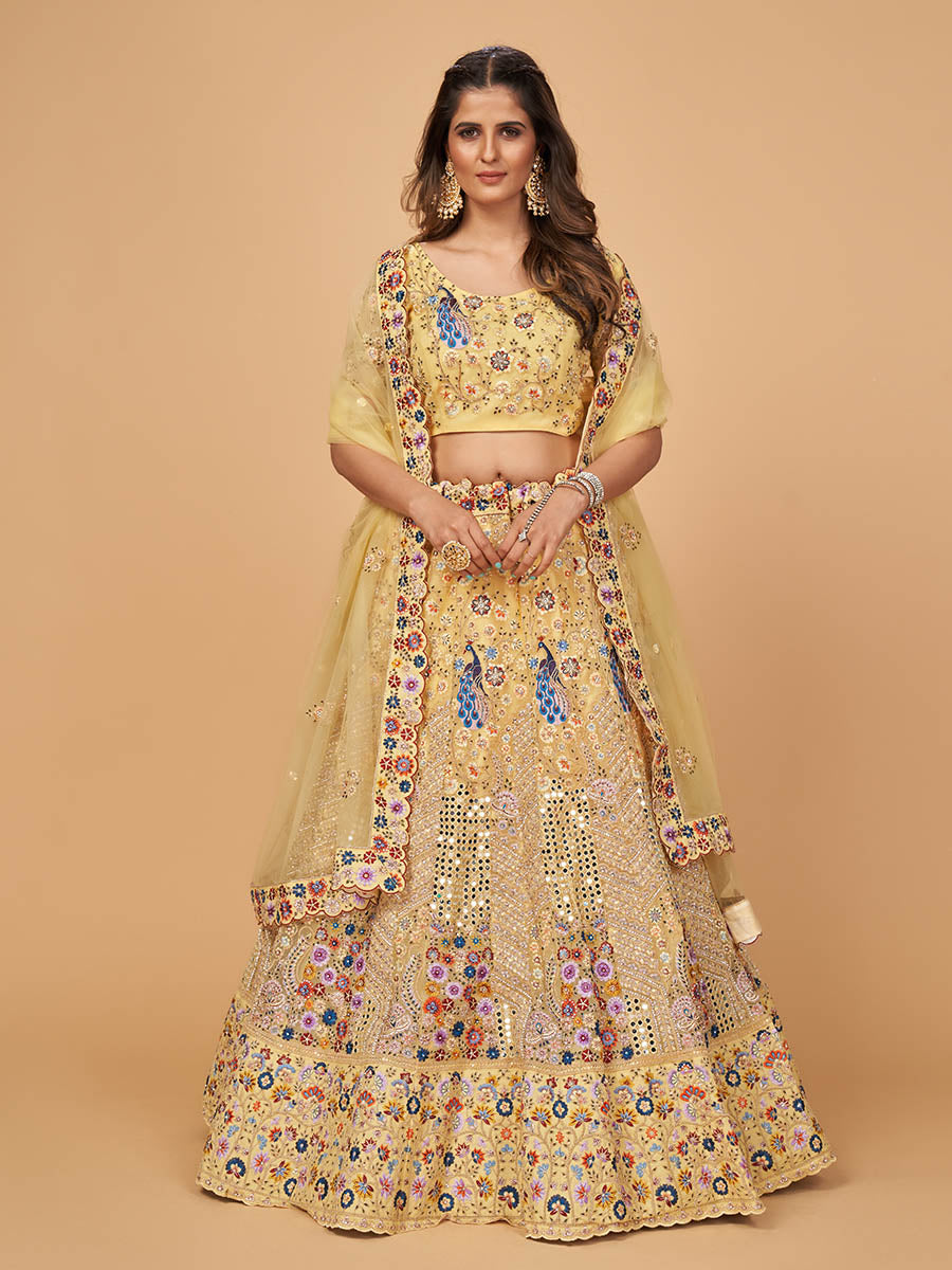 Myra Yellow Soft Net Heavy Embroidered Designer Lehenga
