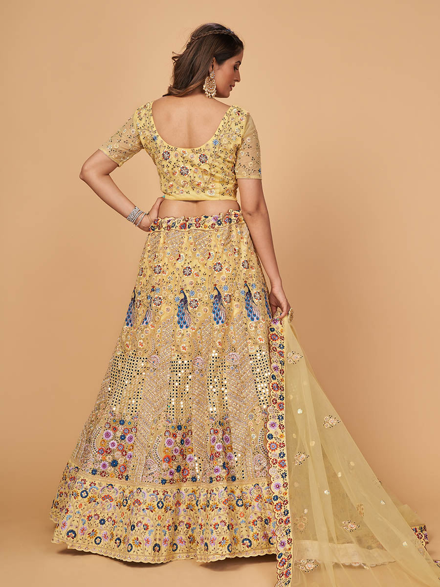 Myra Yellow Soft Net Heavy Embroidered Designer Lehenga