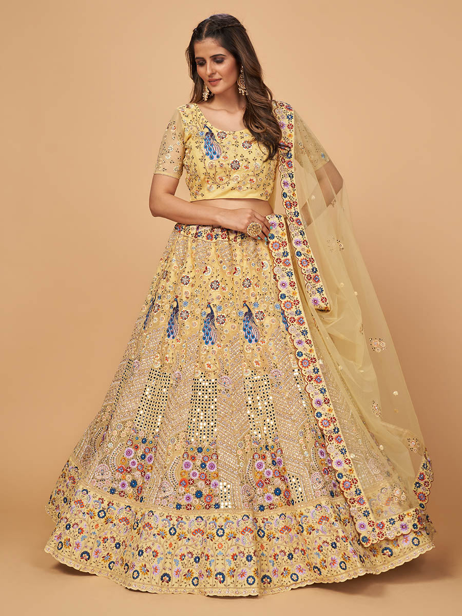 Myra Yellow Soft Net Heavy Embroidered Designer Lehenga