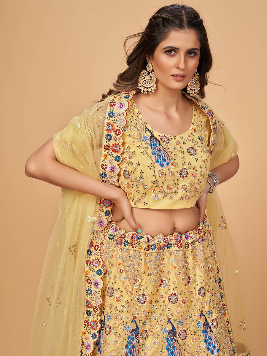 Myra Yellow Soft Net Heavy Embroidered Designer Lehenga