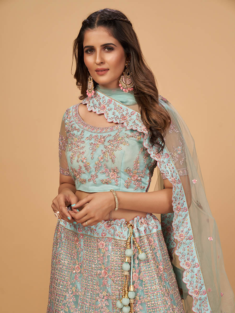 Myra Sky Blue Soft Net Heavy Embroidered Designer Lehenga