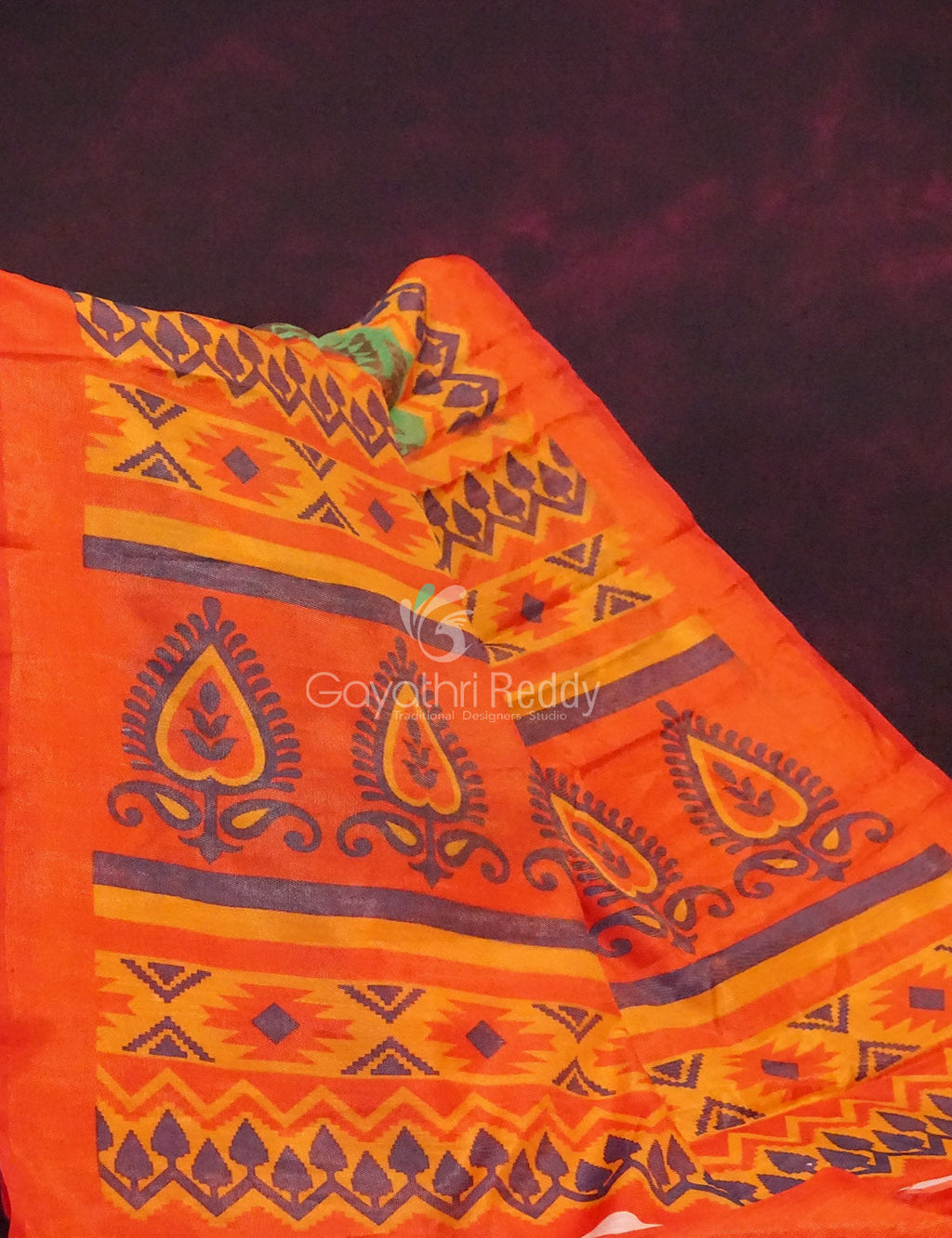 Parrot Green And Orange Colour Printed Cotton Brasso Saree By Gayathri Reddy Designer Studio