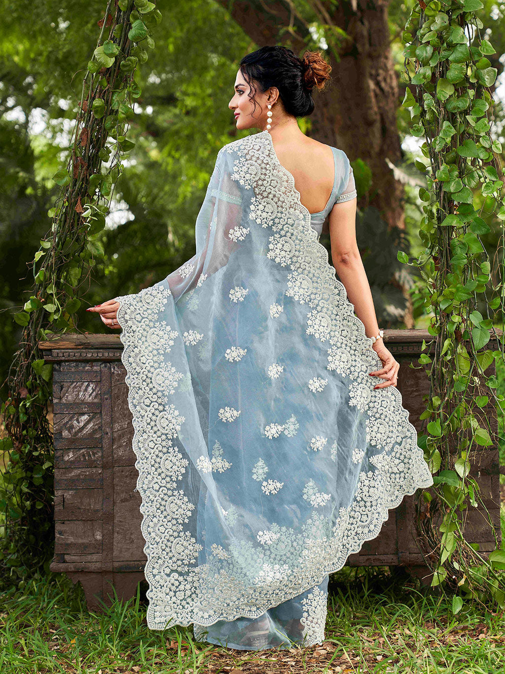 Tikhi Imli Ethnic Motifs Beads and Stones Organza Heavy Work Saree