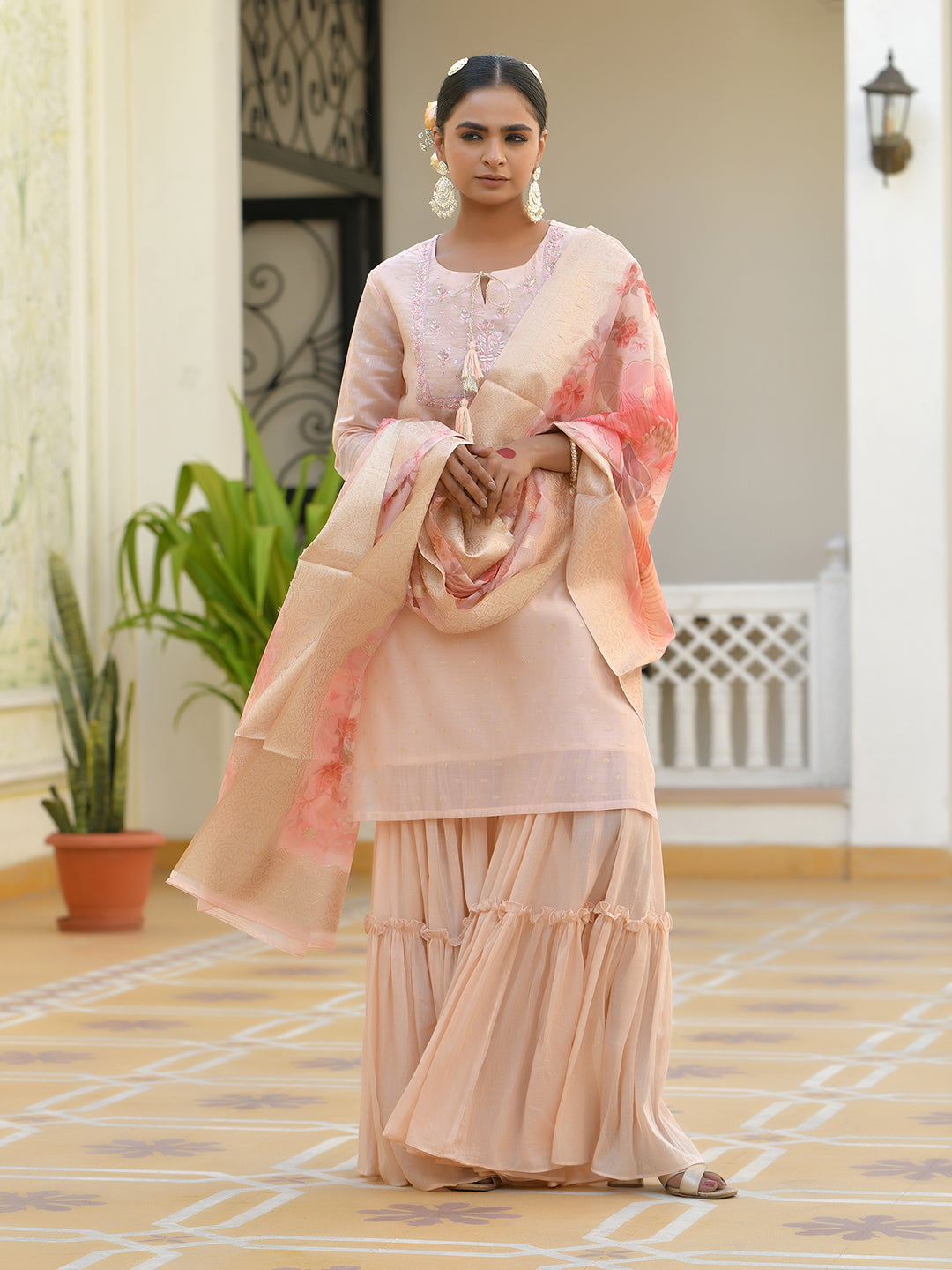 Vaasva Women's Apricot Chanderi Sharara Set