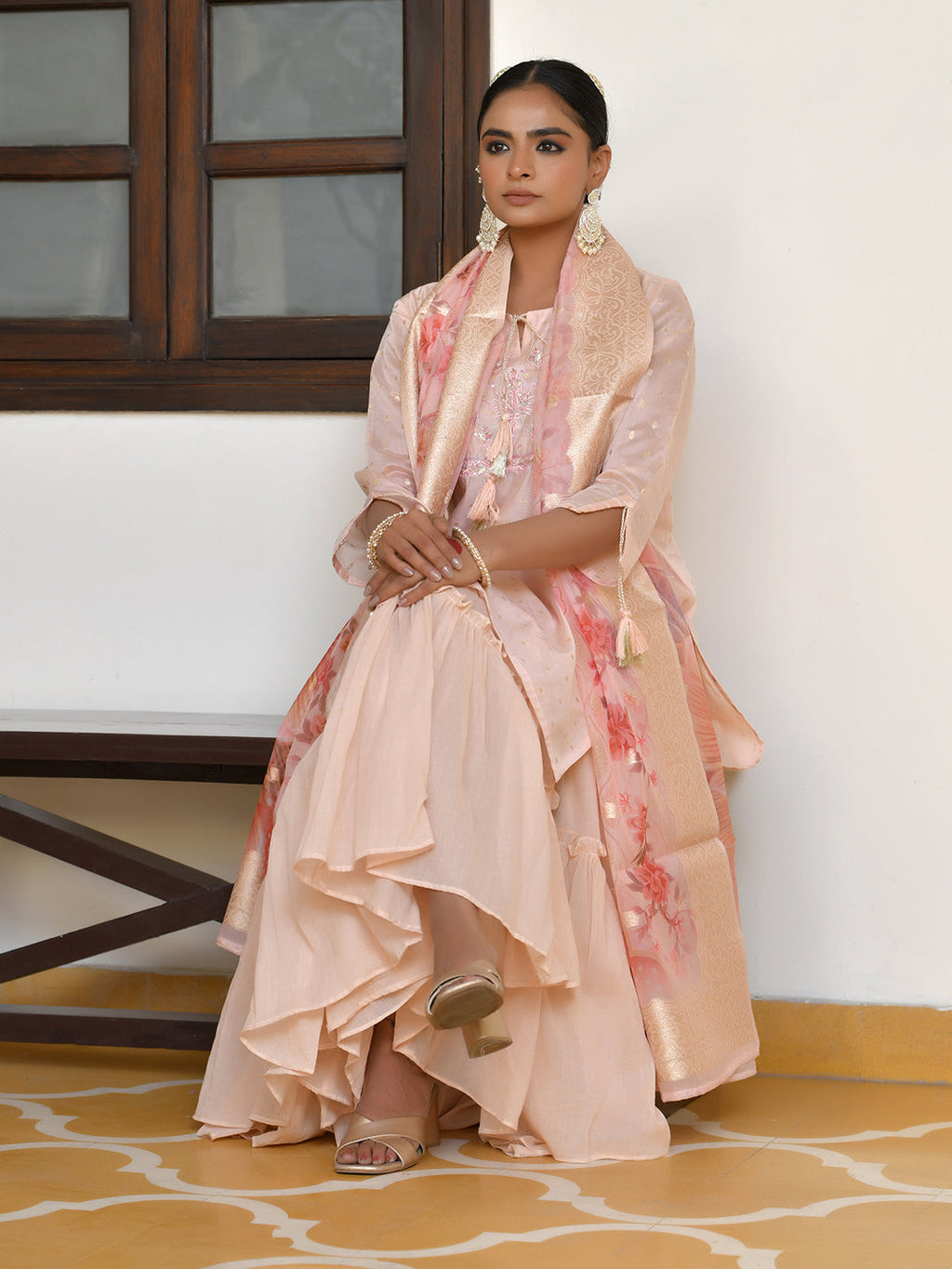 Vaasva Women's Apricot Chanderi Sharara Set