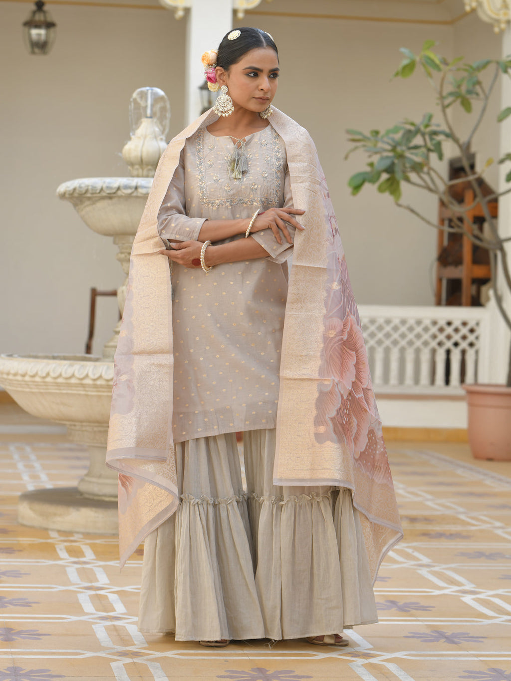 Vaasva Women's Khakhee Chanderi Sharara Set