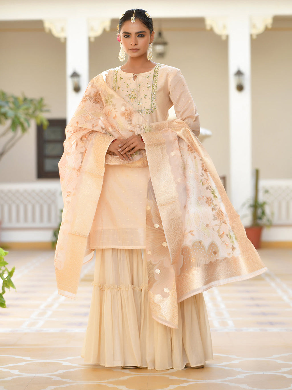 Vaasva Women's Peach Chanderi Sharara Set