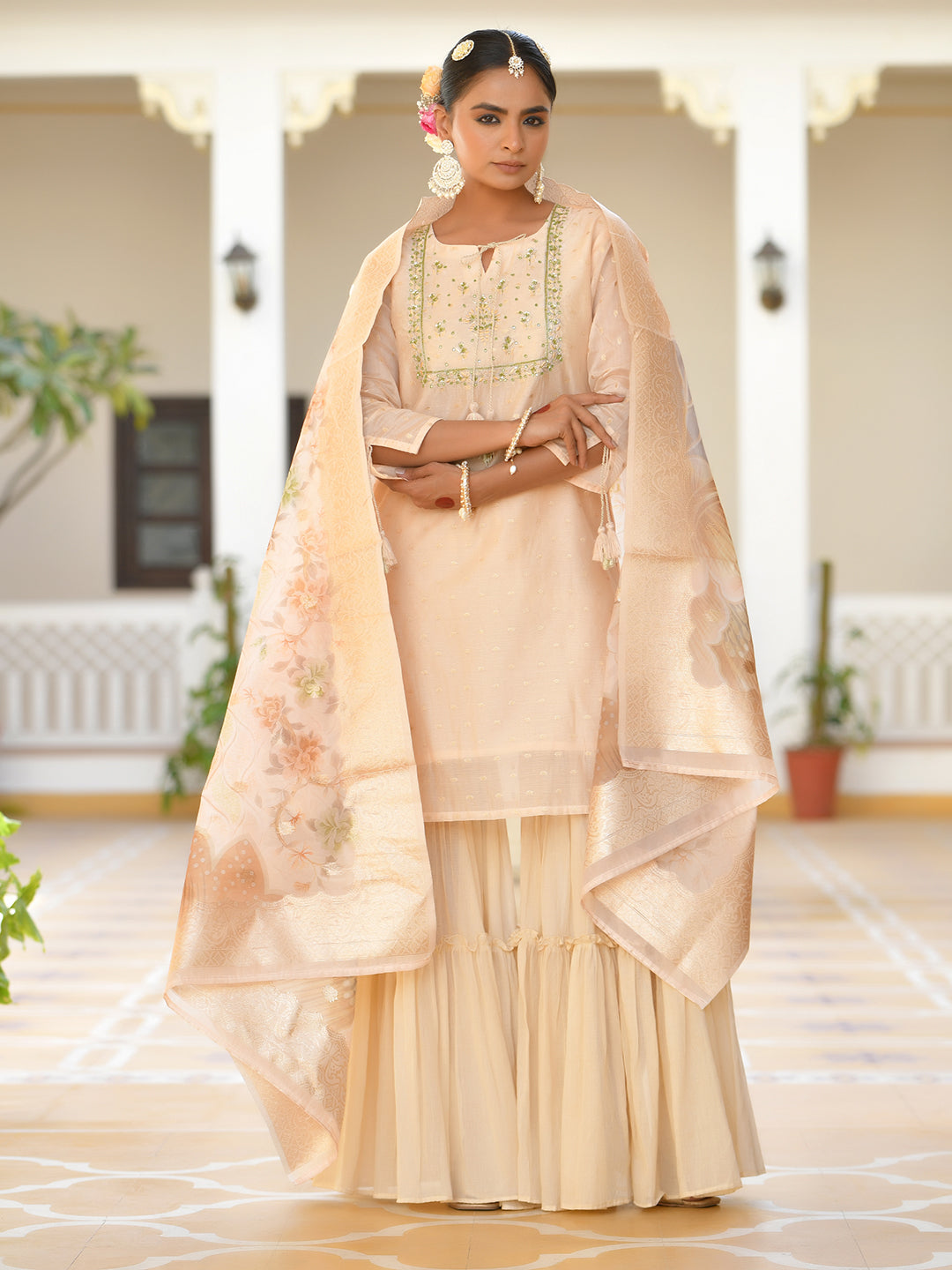 Vaasva Women's Peach Chanderi Sharara Set