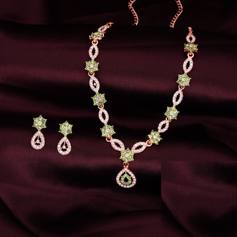 Tehzeeb Creations Elegant Sea Green Polished American Diamond (Ad) Studded Necklace And Earring Set For Women
